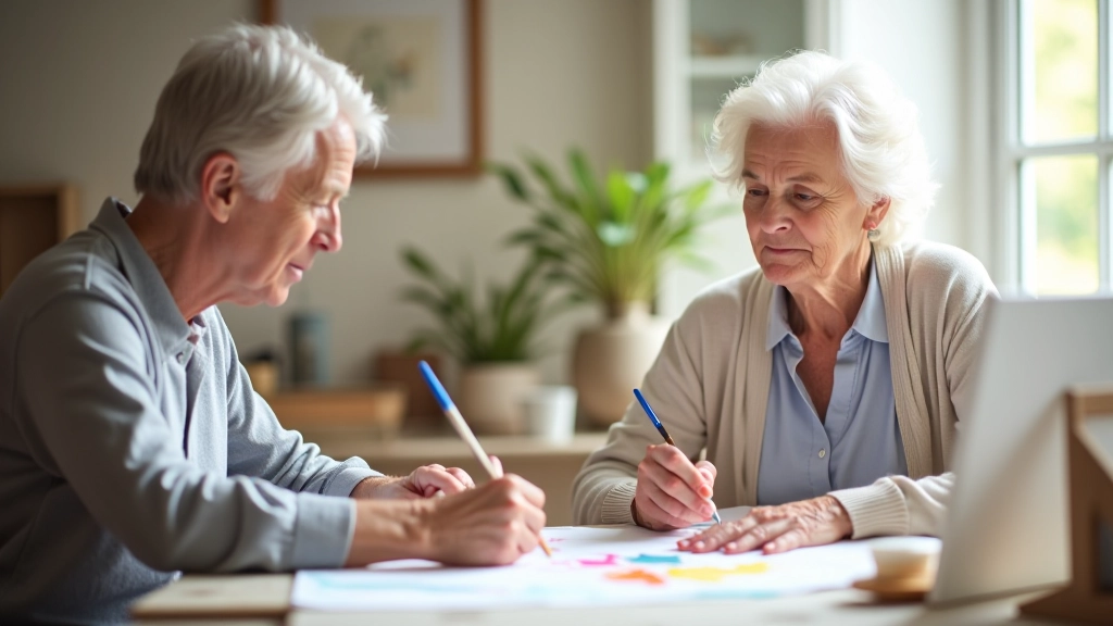 Adult family members aged 50-65 fully clothed, engaged together in a craft project with paints and canvas, sitting around a table with natural daylight, casual and focused expressions