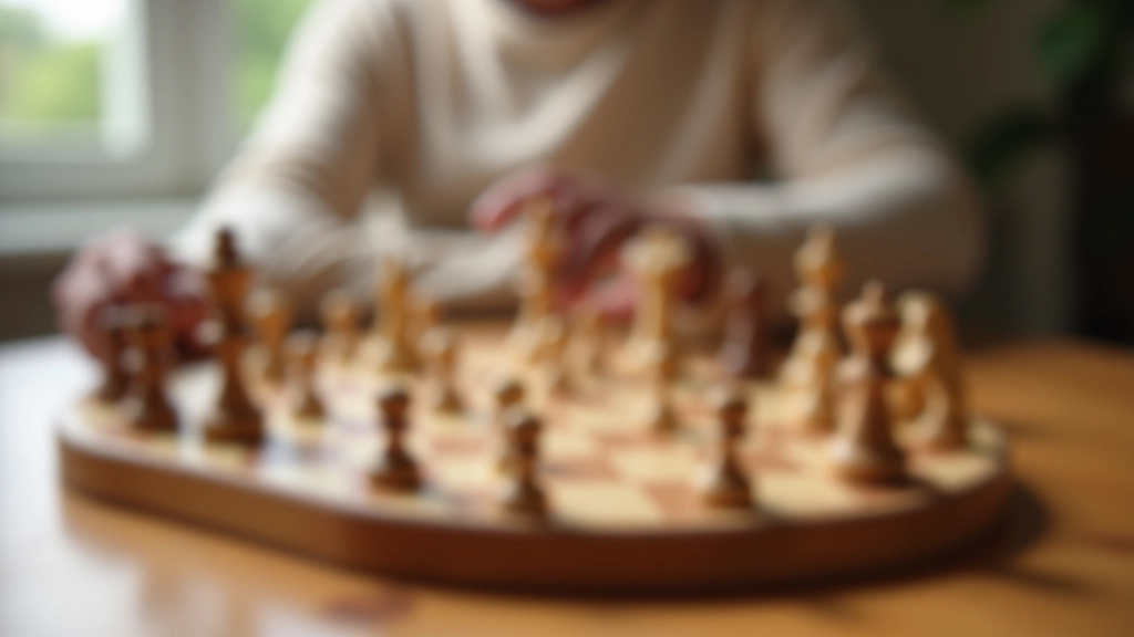 Close-up of chess pieces on wooden board, focus on strategy setup, natural lighting