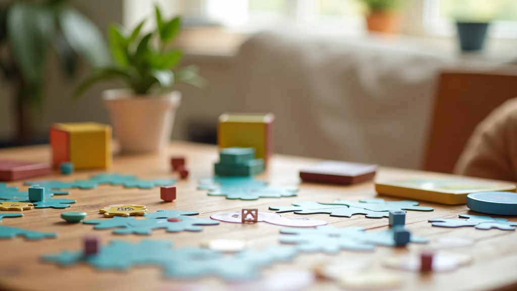 Board games and puzzle boxes arranged on a table with dice and game pieces, showing colorful games ready to play in a well-lit home setting