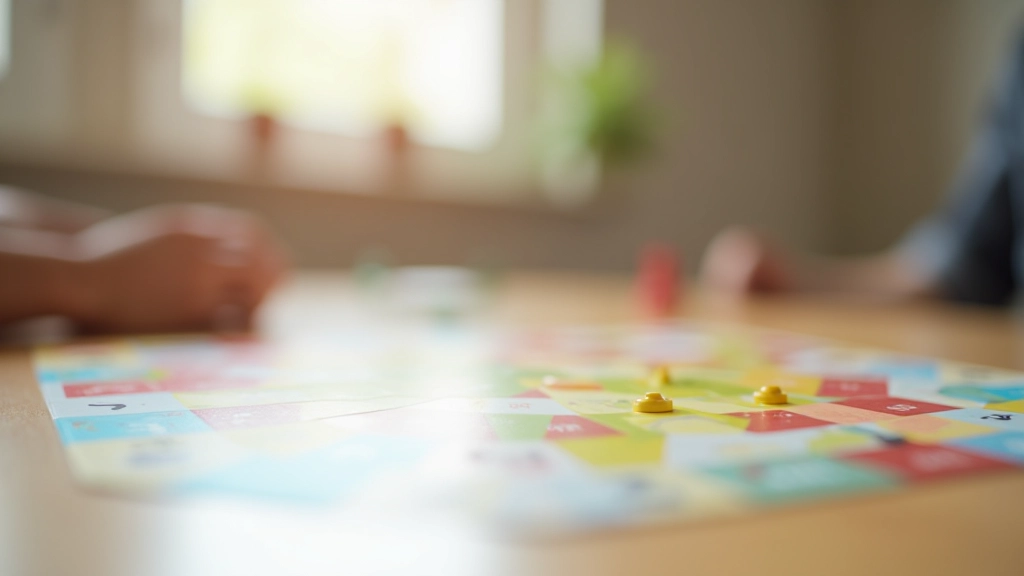 Colorful board game pieces and cards spread on a wooden table in soft lighting