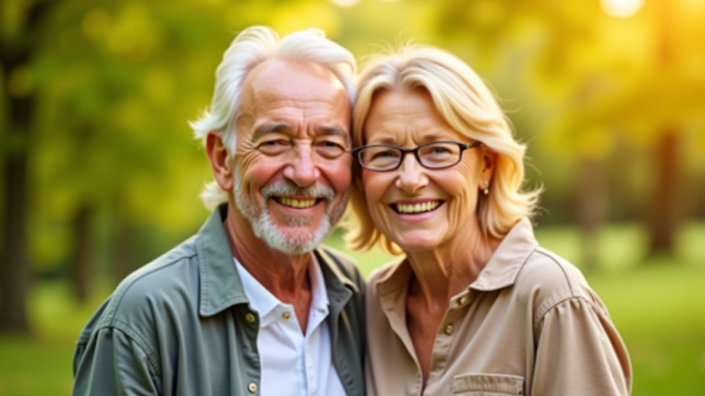 Older adult couple smiling together outdoors in a park setting, enjoying a sunny day