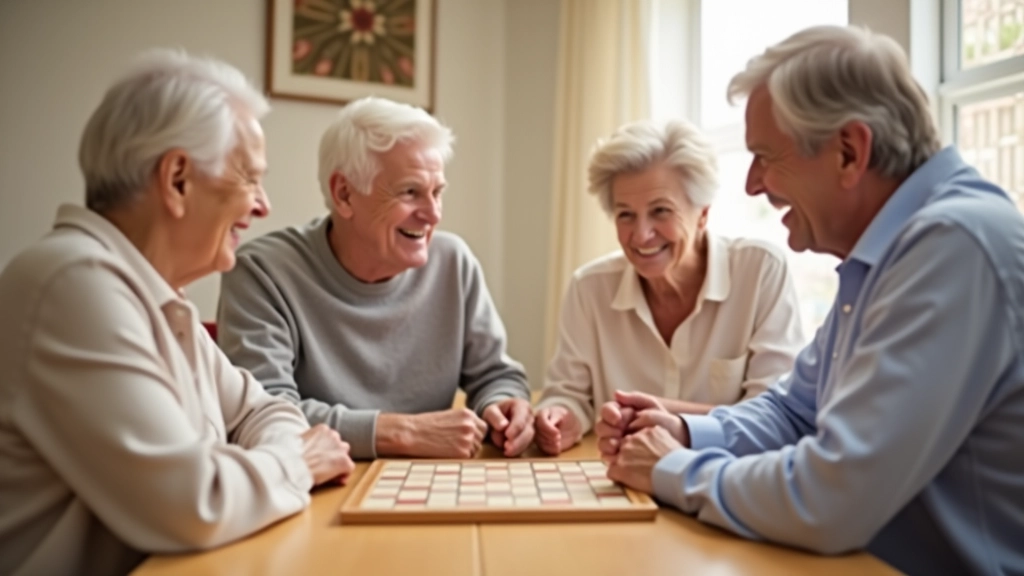 Diverse family members aged 45-65 fully clothed, smiling while playing a board game together at a wooden table in a bright, casual home environment