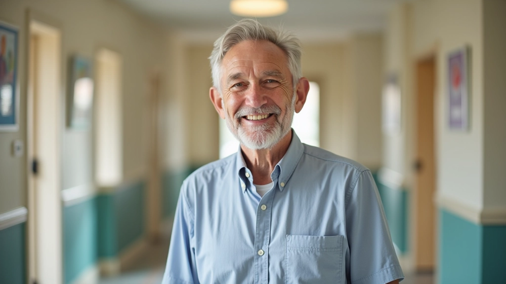 Man aged 55, smiling warmly, standing in a bright community center hallway with activity posters on walls, welcoming and confident posture