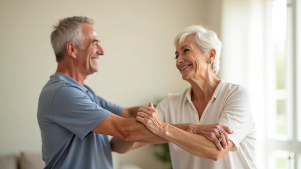 Woman and man aged 50-60 fully clothed, performing gentle stretching exercises together in a bright living room with natural light, both smiling and focused