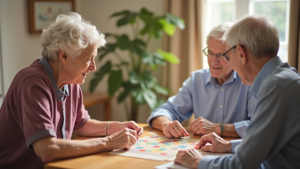 Older adults playing board games together at a wooden table, focused expressions, natural daylight