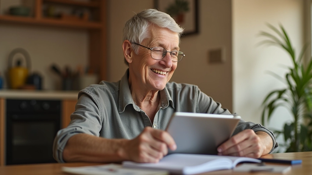 Person aged 50, sitting at home with a tablet and notepad, looking happy while researching community activities online with a warm smile