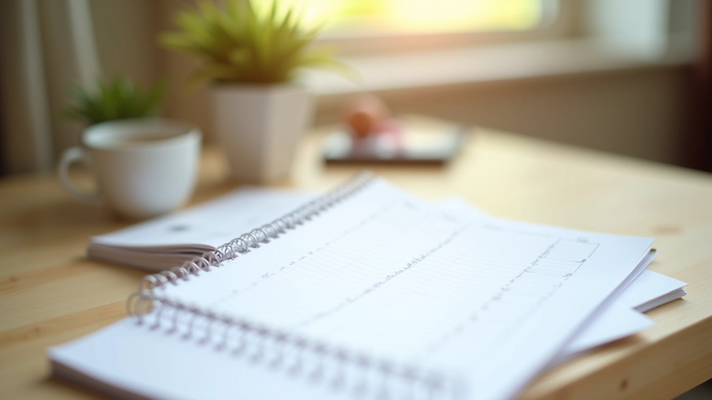 Calendar and planning notebook on a desk with a cup of tea, showing dates and activity notes written in handwriting, natural soft lighting from window