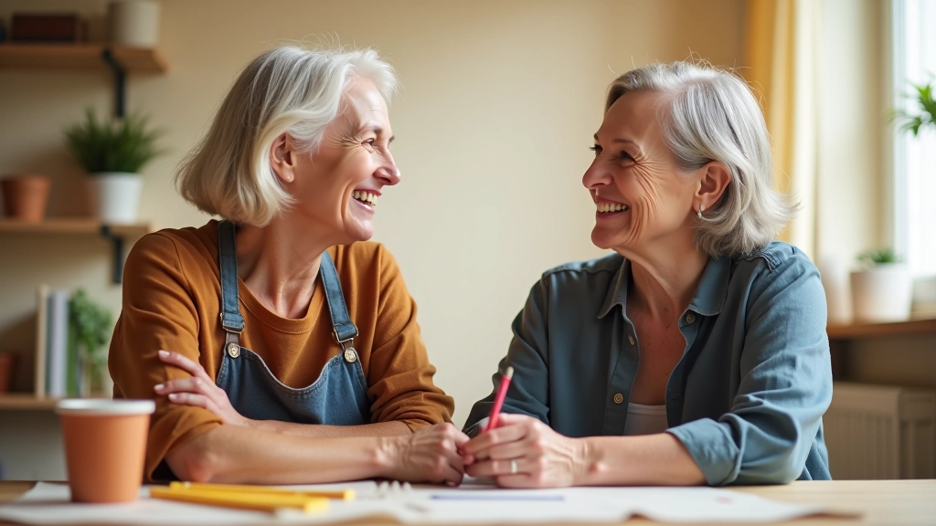 Two women aged 50 and 55, chatting and laughing together in a bright community craft room with art supplies visible on tables