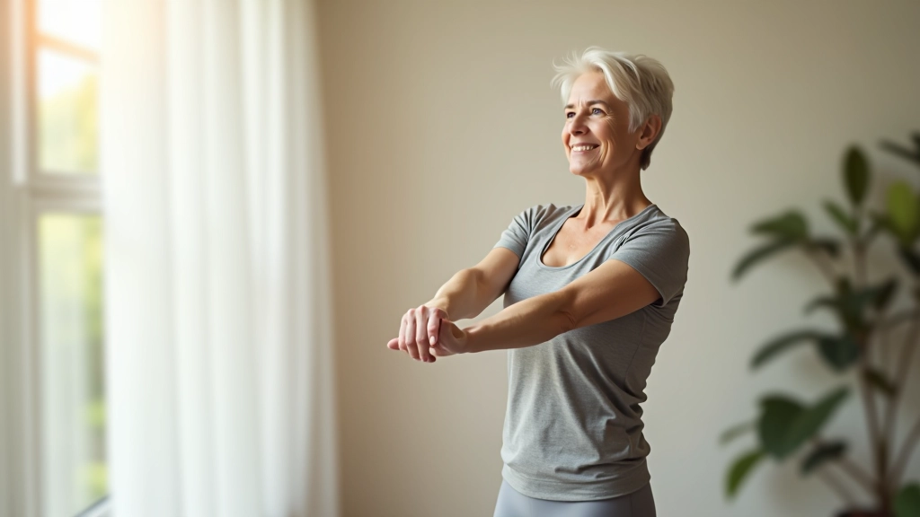 Person performing a shoulder stretch while standing near a window, demonstrating proper posture and alignment