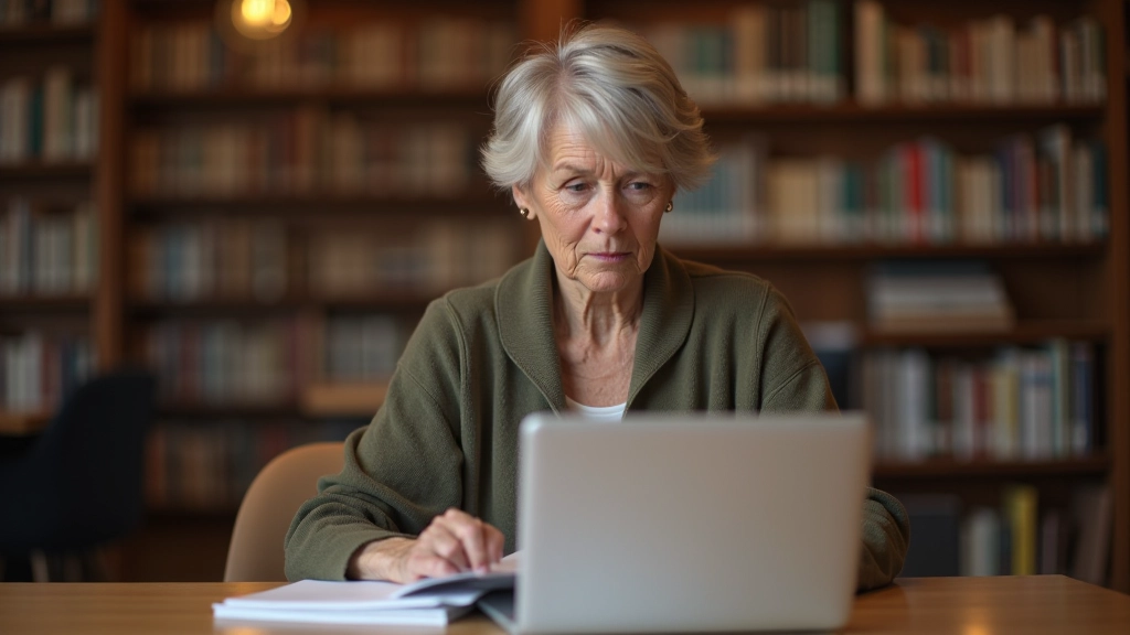 Woman aged 50, sitting at a library table with a laptop and notebook, looking at activity flyers and brochures, focused and engaged expression