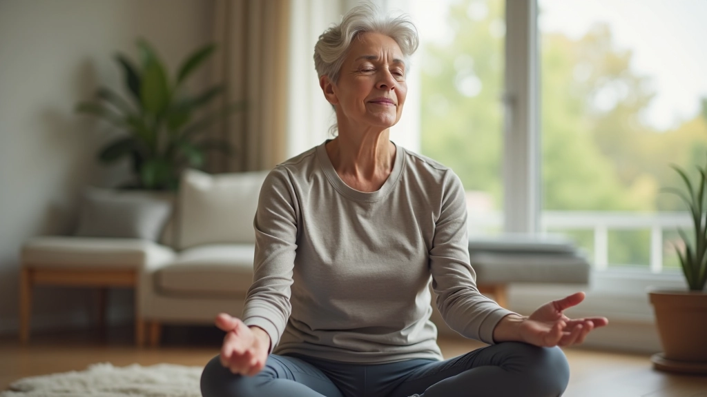 Person in comfortable clothing taking a mindful moment during stretching routine in a peaceful home environment